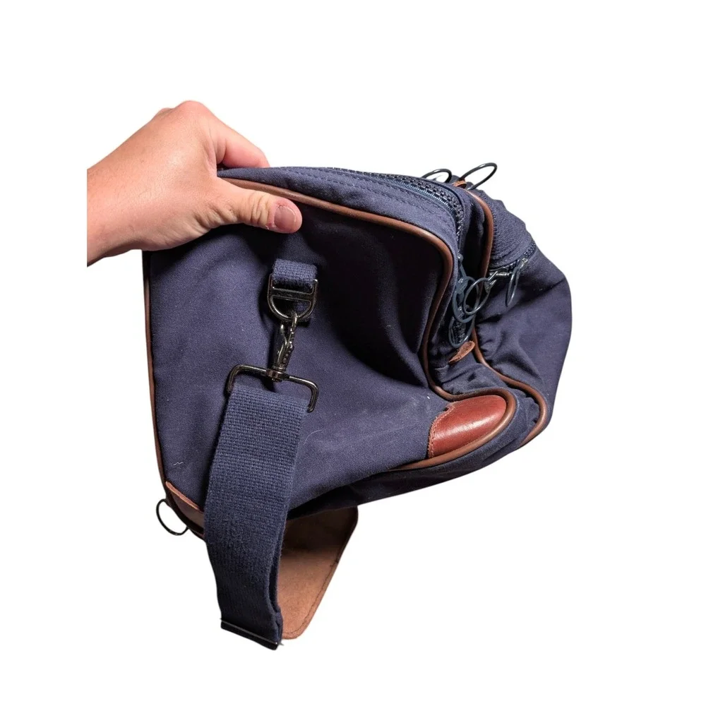 Lands' End Square Rigger Duffel Bag Navy Blue Canvas Leather Trim Travel Luggage